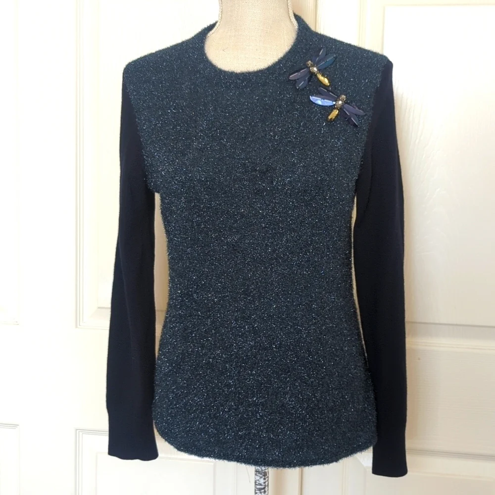 Tory Burch Merino Wool Navy Blue Teal embellished dragonfly Rory Sweater